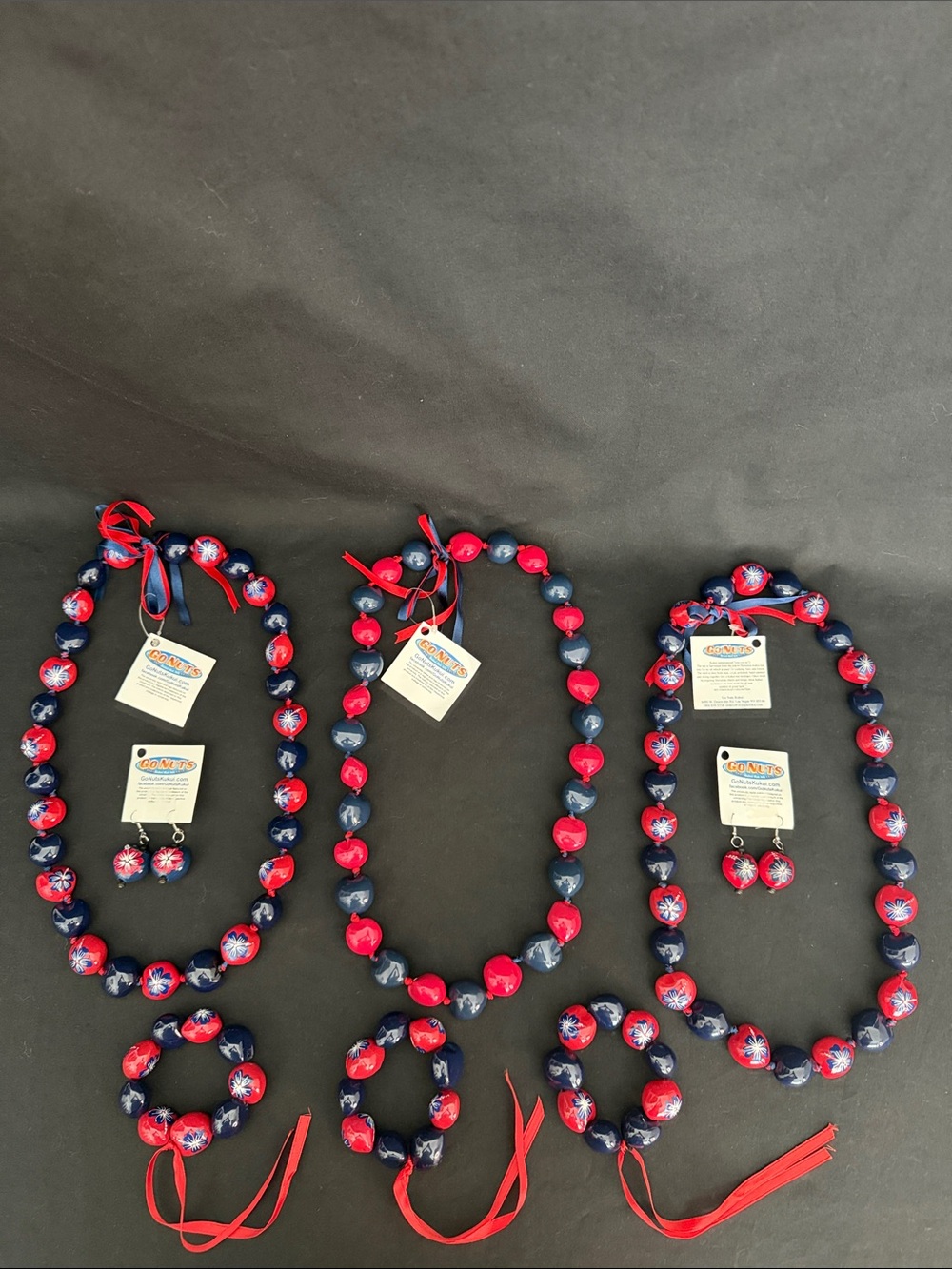 Patriotic Red & Navy Beaded Necklaces, Bracelets, and Earrings.